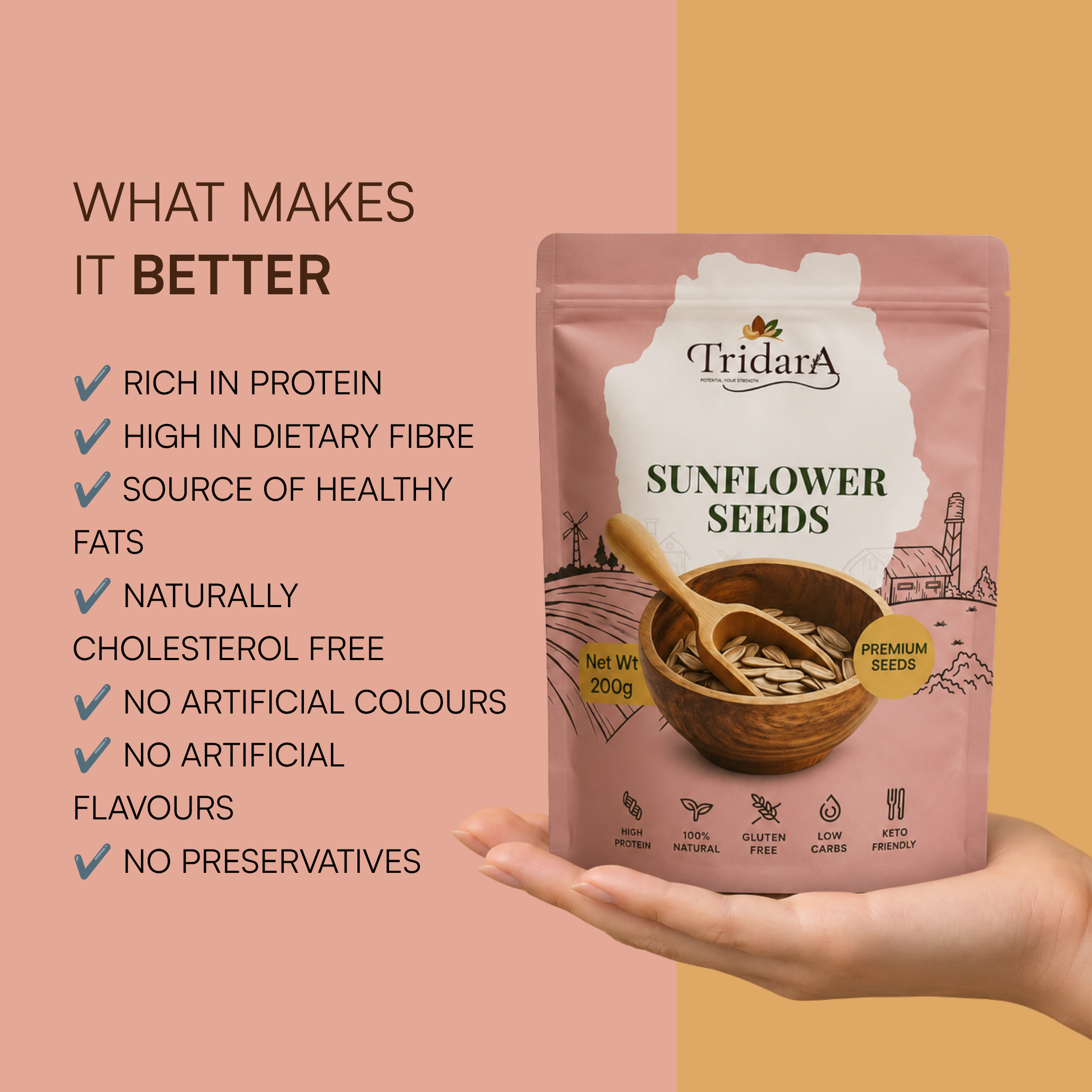 Tridara Premium Hulled Sunflower Seeds | Natural Sunflower Kernels