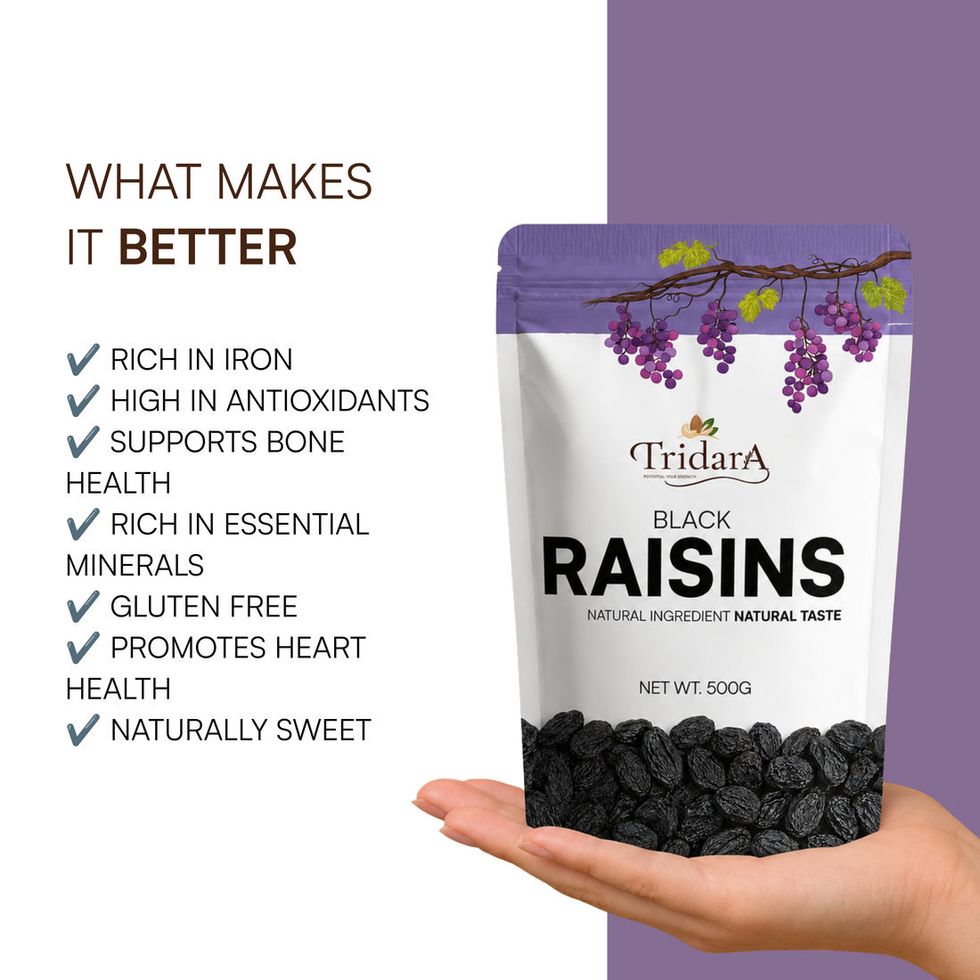 Tridara Premium Black Long Raisins | Naturally Sweet Black Kishmish
