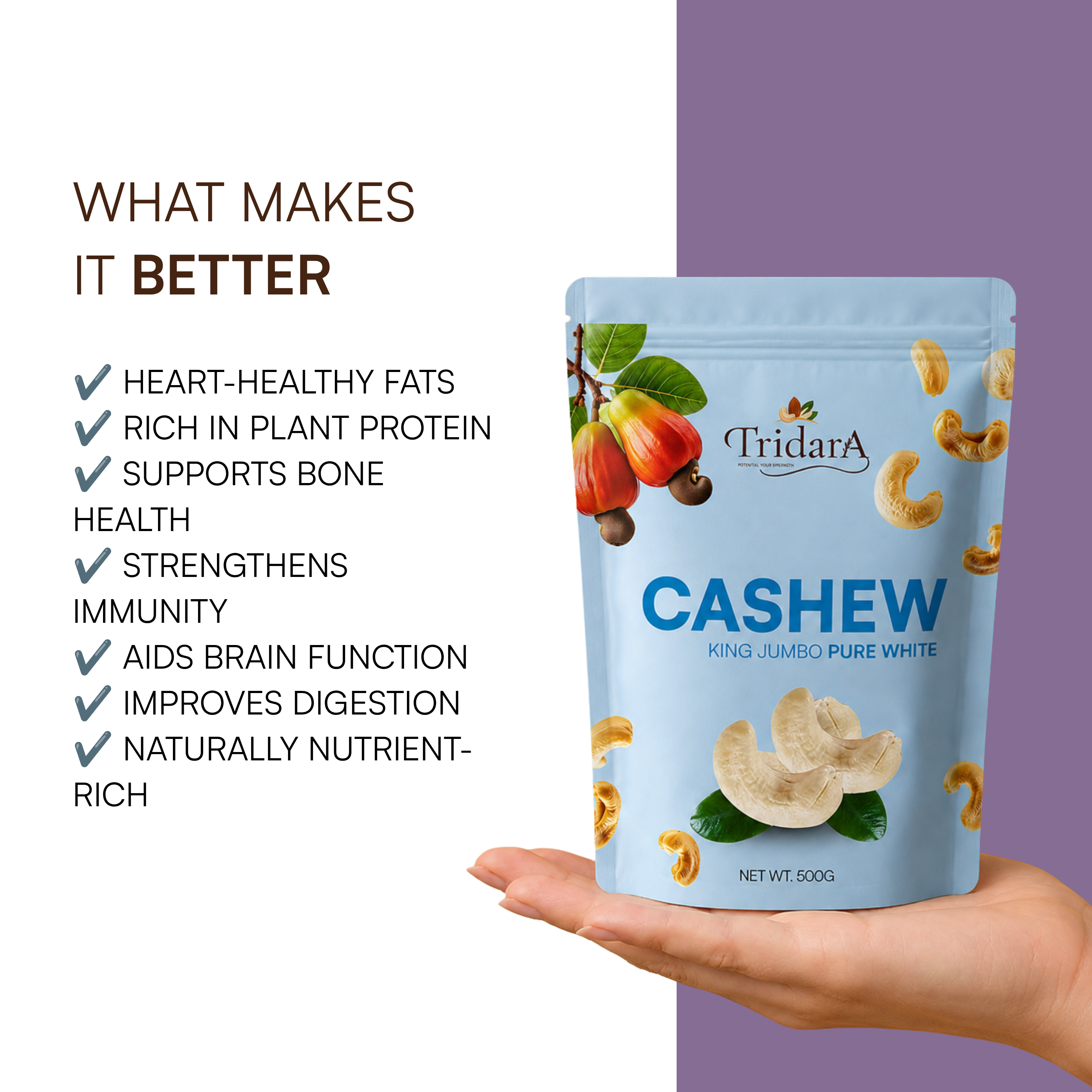 Tridara Premium Cashew W180 | King Jumbo Whole Cashew Kernels