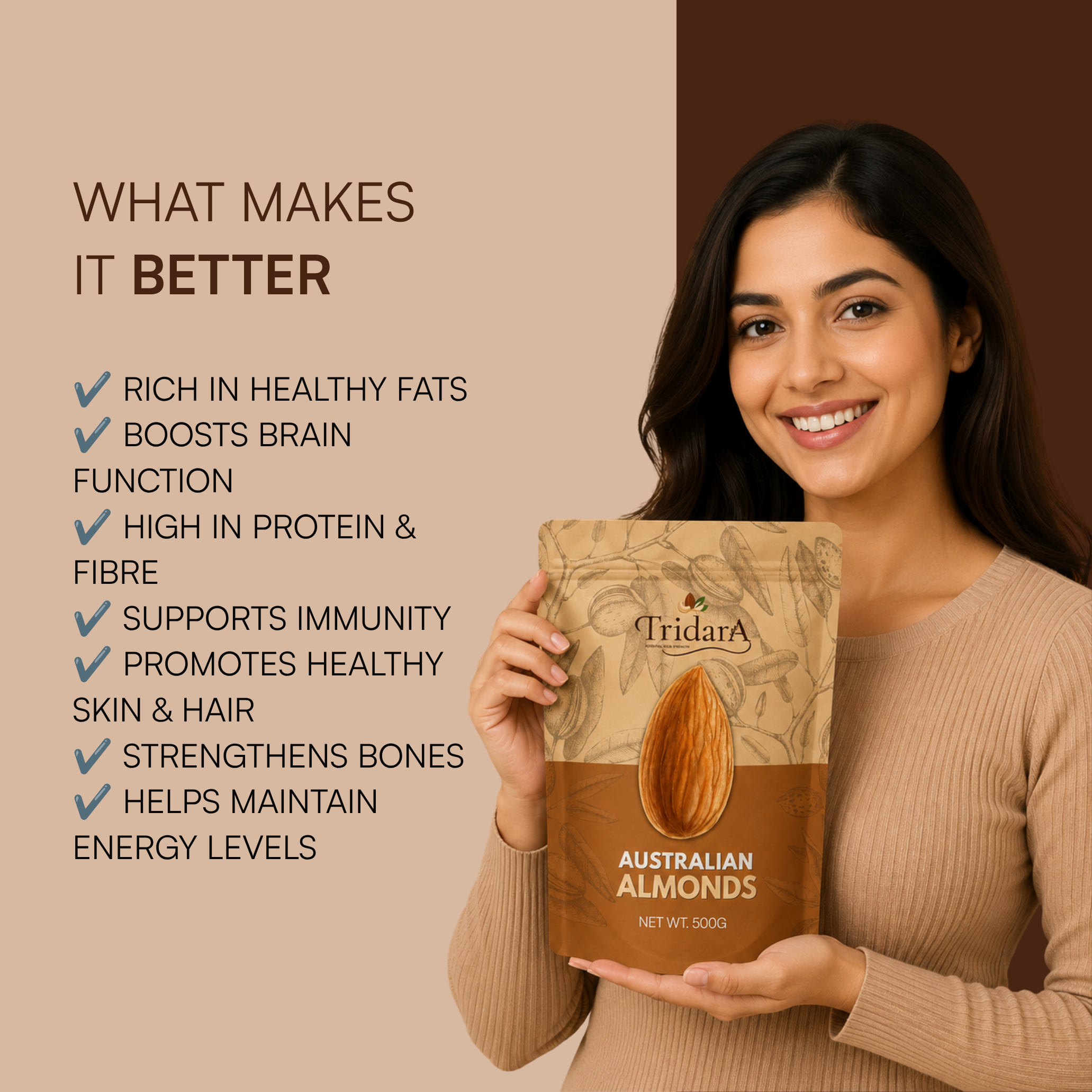 Tridara Premium Australian Bold Almonds | Large Crunchy Badam