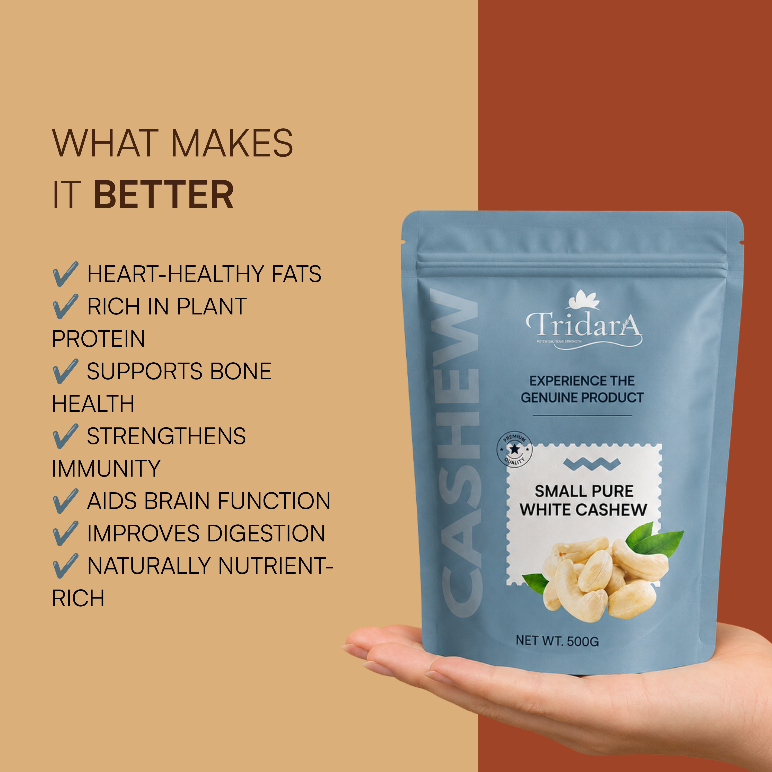 Tridara Premium Cashew W320 | Whole Premium Cashew Kernels